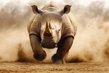 Rhino charging across a dry savannah, dirt flying beneath its feet, motion blur accentuating its unstoppable force, strength, nature, powerful.