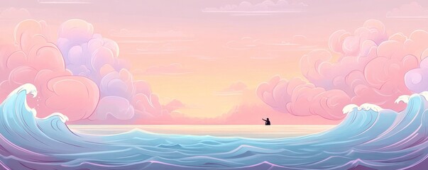 A serene ocean scene with gentle waves and colorful clouds at sunset.