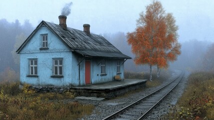 Eerie Autumn Train Station  Foggy Railroad  Rustic House  Scenic Landscape