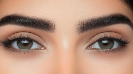 Fototapeta premium Close-Up of Beautiful Woman's Eyes with Striking Green Irises and Well-Defined Eyebrows, Perfect for Portrait and Beauty Photography