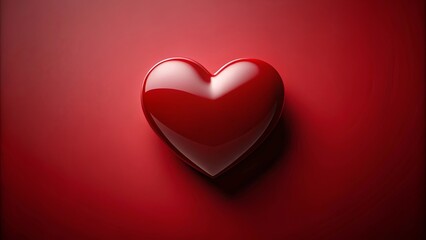 A singular, shiny red heart rests on a crimson backdrop, radiating a sense of warmth and affection.