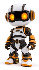 Futuristic Robot with Orange and White Design Featuring Glowing Eyes and Advanced Technology in a Standing Pose