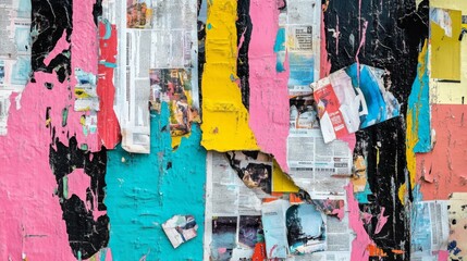 Fototapeta premium Chaotic close-up of torn newspaper pieces with various colors on white wall, creating a messy and disorganized appearance.