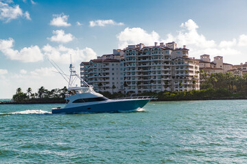 Luxury lifestyle. Vacations on summer. Yacht at sea. Sea vacation on summer. Fisher island...