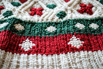 Close-up of knitted fabric with red, green, and white snowflake patterns. Perfect for winter, holiday, or textile-themed projects needing a cozy feel.