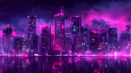Fototapeta premium Futuristic city skyline at night illuminated by pink and purple lights, blending modern and traditional architecture in a mesmerizing scene.