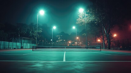 Serene Night Tennis Court with Bright Lights and Fog, Ideal for Sports Photography, Recreation, and Urban Nightscape Themes in a Tranquil Setting