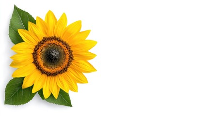 Obraz premium Bright Yellow Sunflower Isolated on White Background with Green Leaves and Ample Copy Space for Text or Design Elements