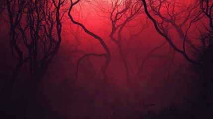 Obraz premium Eerie and Mysterious Forest Scene with Tall Twisted Trees and Deep Red Background - Captured from a Low Angle.
