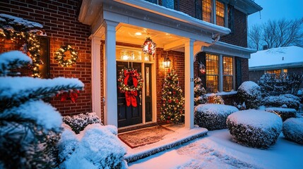 Snowy Christmas evening, home exterior decorated with wreaths, lights, and tree.