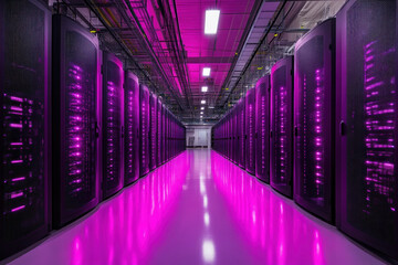 Fototapeta premium Server room hallway with glowing purple lights.