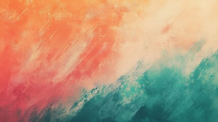 Naklejka premium Abstract painting with vibrant orange, pink, and turquoise background and diagonal movement pattern for energetic and dynamic design.