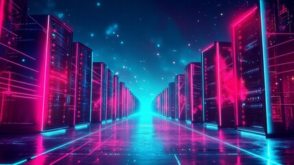 Modern Servers in Data Center: Neon Futuristic Theme with Wet Floor, Pink, Blue, Purple Colors Against Night Sky