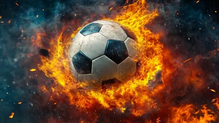 Naklejka premium Dramatic Soccer Ball in Fiery Explosion with Dynamic Motion and Intense Energy, White with Black Stripes on Blue Background