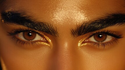 Obraz premium Close-Up Portrait of Mesmerizing Eyes with Golden Highlights and Bold Brows Capturing the Essence of Beauty and Elegance in Fashion Photography
