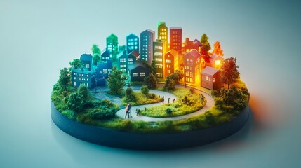 Obraz premium Rainbow-colored 3D city model showcasing sustainable urban development with integrated environmental solutions and smart city concepts