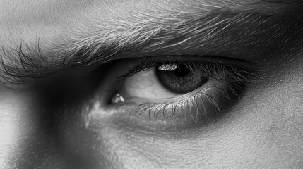 Close-Up of Intense Male Eye with Detailed Eyelash and Eyebrow Texture Showcasing Emotion and Depth in Grayscale, Highlighting the Human Experience in Portrait Photography