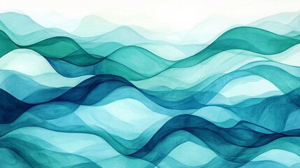 Fototapeta premium Blue and green abstract painting with wavy lines on white background, embodying depth and movement, resembling ocean waves.