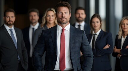 Confident executive surrounded by a team of collaborative employees in a dynamic workspace, full body wide angle