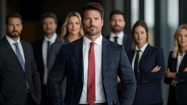 Confident executive surrounded by a team of collaborative employees in a dynamic workspace, full body wide angle