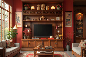 Wooden cabinet with decorations for Chinese New Year celebration in living room. Front view.