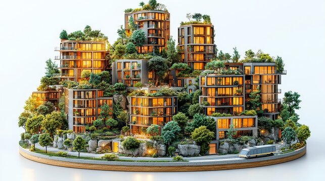 Miniature 3D model of sustainable city with integrated greenery, demonstrating future urban planning and ecological architecture