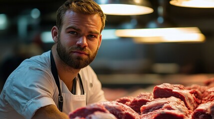 A bearded butcher stares intently, showcasing premium cuts of beef. Ideal for restaurant menus, butcher shop promotions, or food blog articles.