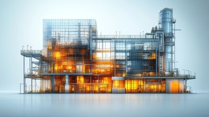 Obraz premium Cross-section view of illuminated industrial facility showing internal processes and emission control systems