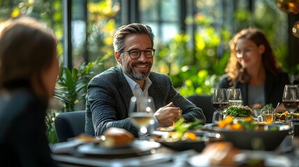 Diverse group of employees enjoying a light lunch in a stylish office lounge, relaxed mood, modern design, wide view