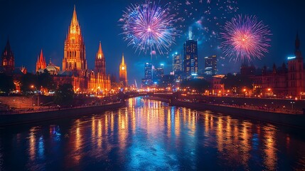 Obraz premium Rooftop celebration with Australia Day fireworks illuminating the city, colorful sparks filling the dark sky