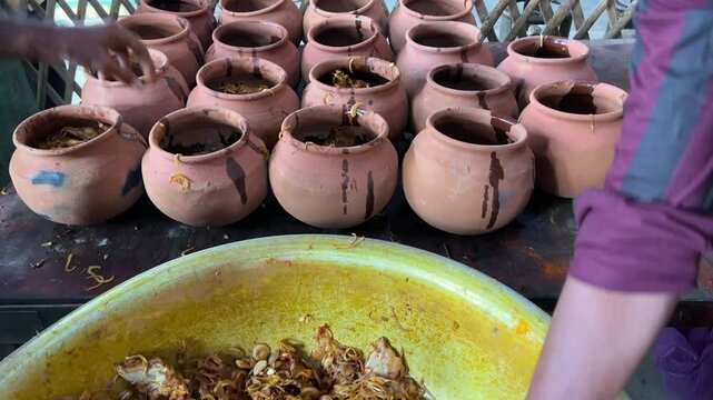 Row of earthen pot kept for making Handi Champaran mutton at Patna, Bihar