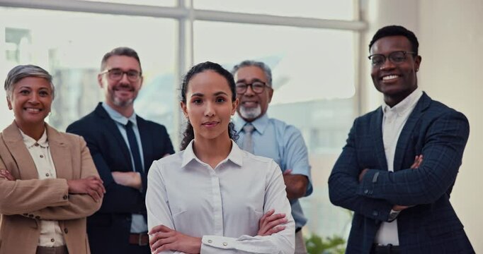 Woman, crossed arms and face of business people in office for about us, company pride and teamwork. Professional, corporate and portrait of men and women for collaboration, leadership and career