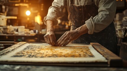 An artisan in a workshop is shown in the process of making paper. The paper is laid out on a table, and the artisan's hands are in the process of applying a pattern to it.