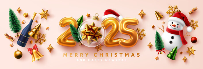 Festive Christmas and New Year 2025 Banner Featuring Golden 2025 Numbers,Transparent Christmas Ball with a Golden Bow and Cheerful Christmas Snowman for Holiday Celebration