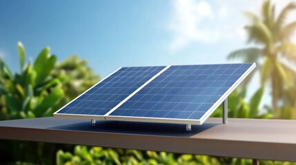 Solar panel on a table with a tropical backdrop, promoting renewable energy.