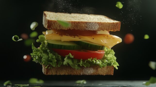 46.A visually dynamic sandwich where the ingredients appear to float in mid-air. Crisp lettuce, thin tomato slices, fresh cucumber, and melted cheese are all suspended, with lightly toasted bread