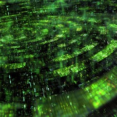 Abstract Green Swirl with Dynamic Light Patterns and Data Visuals