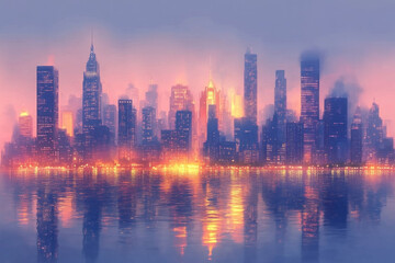 Fototapeta premium Misty cityscape at sunset reflecting on water.