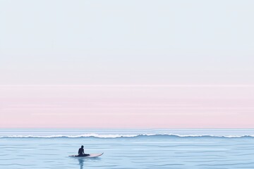 Fototapeta premium A serene scene of a lone surfer on a calm ocean at sunset.