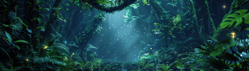 Fototapeta premium Lush green jungle with dappled sunlight filtering through trees.