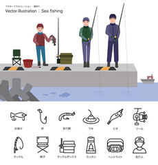 シンプルな「海釣り」のアイコン・イラストレーションセット