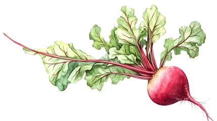 Hand drawn watercolor illustration of red beet with green leaves isolated on white background, vector