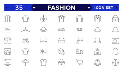 Clothing Outline icon set. Dress, polo t-shirt, jeans, winter coat, jacket pants, skirt minimal vector illustrations. Simple outline signs for fashion application. Fashion, sewing, clothing.