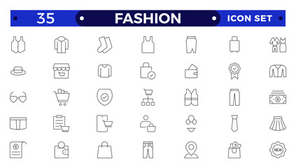 Clothing Outline icon set. Dress, polo t-shirt, jeans, winter coat, jacket pants, skirt minimal vector illustrations. Simple outline signs for fashion application. Fashion, sewing, clothing.