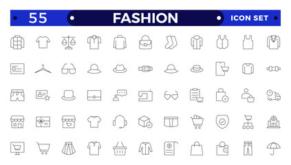 Clothing Outline icon set. Dress, polo t-shirt, jeans, winter coat, jacket pants, skirt minimal vector illustrations. Simple outline signs for fashion application. Fashion, sewing, clothing.