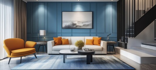 Modern Living Room Interior Design with Blue Walls and Orange Accents