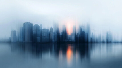 Fog envelops a city skyline at dawn, creating a mysterious atmosphere over the water