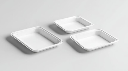 83.A versatile paper tray designed for fast food, shown in a series of mockup views. The tray is white with simple, clean lines and slightly angled sides. The set includes top-down, side, and angled