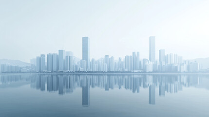 Fototapeta premium Modern skyline reflected in calm waters during a hazy morning