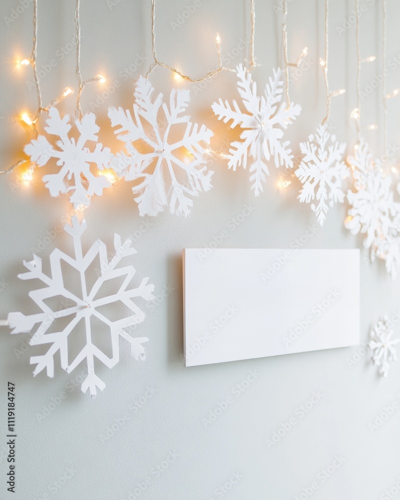 Poster festive snowflake wall decor with warm string lights creating a cozy holiday atmosphere